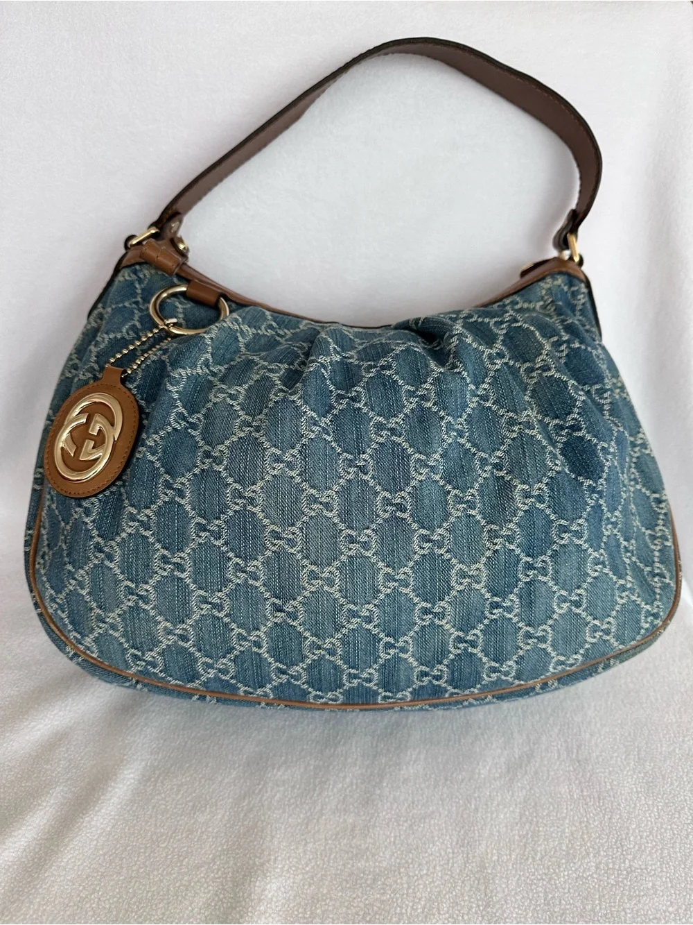 Gucci Blue Denim Monogram Shoulder Bag with Brown Leather Trim - Picture 2 of 9